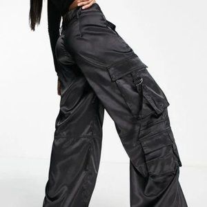 Bershka Satin cargo pocket detail pants in black